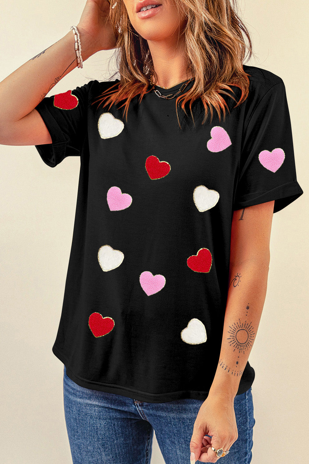 Black Valentines Chenille Heart Patched Pattern Crewneck Tee Graphic Tees JT's Designer Fashion