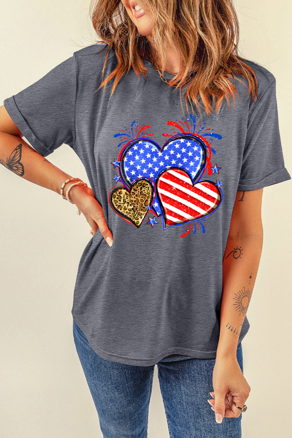 Gray American Heart July 4th Celebration Graphic T Shirt Graphic Tees JT's Designer Fashion
