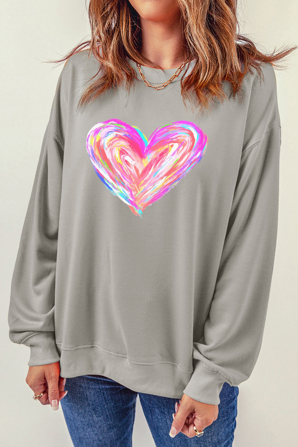 Gray Valentines Brushwork Heart Graphic Drop Shoulder Sweatshirt Graphic Sweatshirts JT's Designer Fashion
