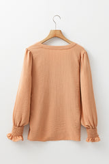 Straw Yellow Solid Color Shirred Cuff Notch V Neck Blouse Blouses & Shirts JT's Designer Fashion