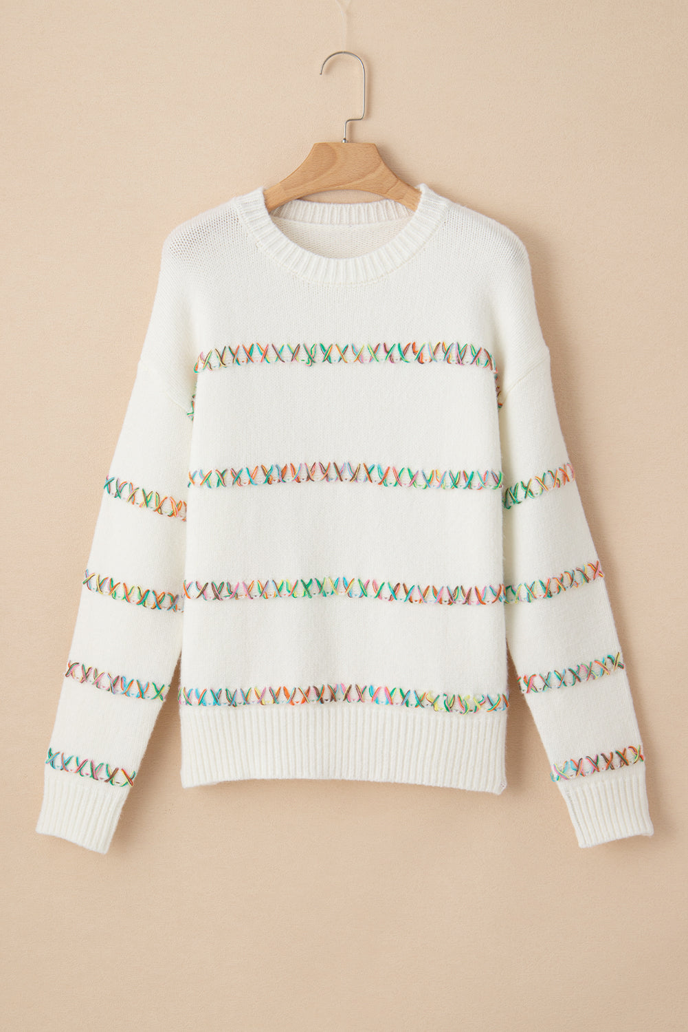 White Colorful Crossed Stitch Drop Shoulder Sweater Sweaters JT's Designer Fashion