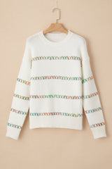 White Colorful Crossed Stitch Drop Shoulder Sweater Sweaters JT's Designer Fashion