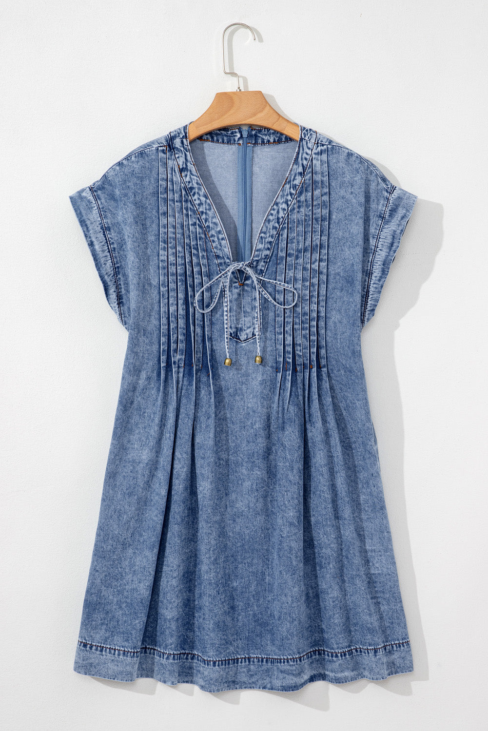 Beau Blue Tie V Neck Tucking Detail Short Sleeve Denim Shift Dress Mini Dresses JT's Designer Fashion