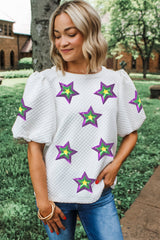 White Textured Sequin Mardi Gras Star Graphic Puff Sleeve Blouse Graphic Tees JT's Designer Fashion