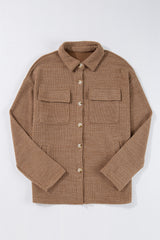 Dark Khaki Solid Color Corduroy Buttoned Long Sleeve Shacket Jackets JT's Designer Fashion