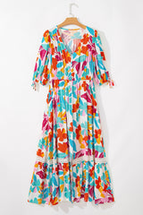 Rose Red Floral Knot Puff Sleeve V Neck Buttoned Front Split Lace Maxi Dress Floral Dresses JT's Designer Fashion