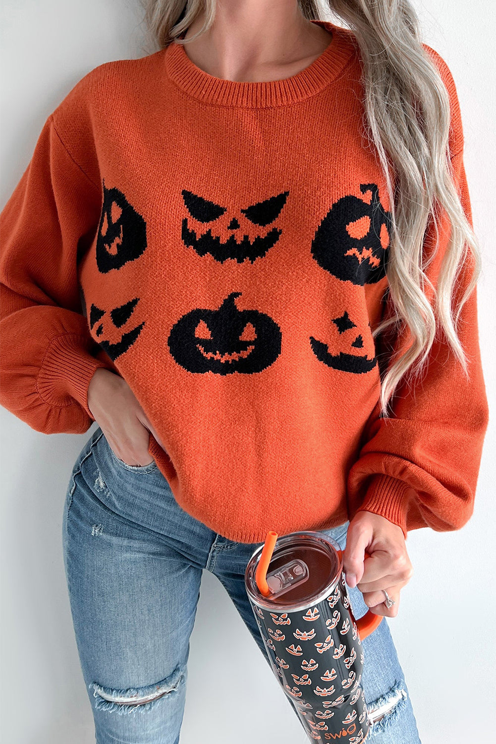 Orange Halloween Pumpkin Face Pattern Drop Shoulder Sweater Sweaters JT's Designer Fashion