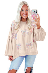 Parchment Embroidered Bow Lantern Sleeve Oversized Pullover Sweatshirt Sweatshirts & Hoodies JT's Designer Fashion