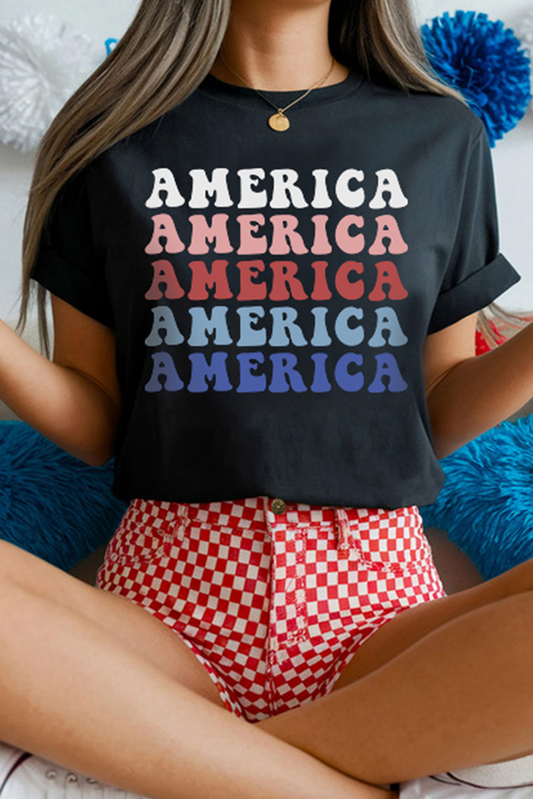 Black Colorful AMERICA Print Crewneck Patriotic T Shirt Graphic Tees JT's Designer Fashion