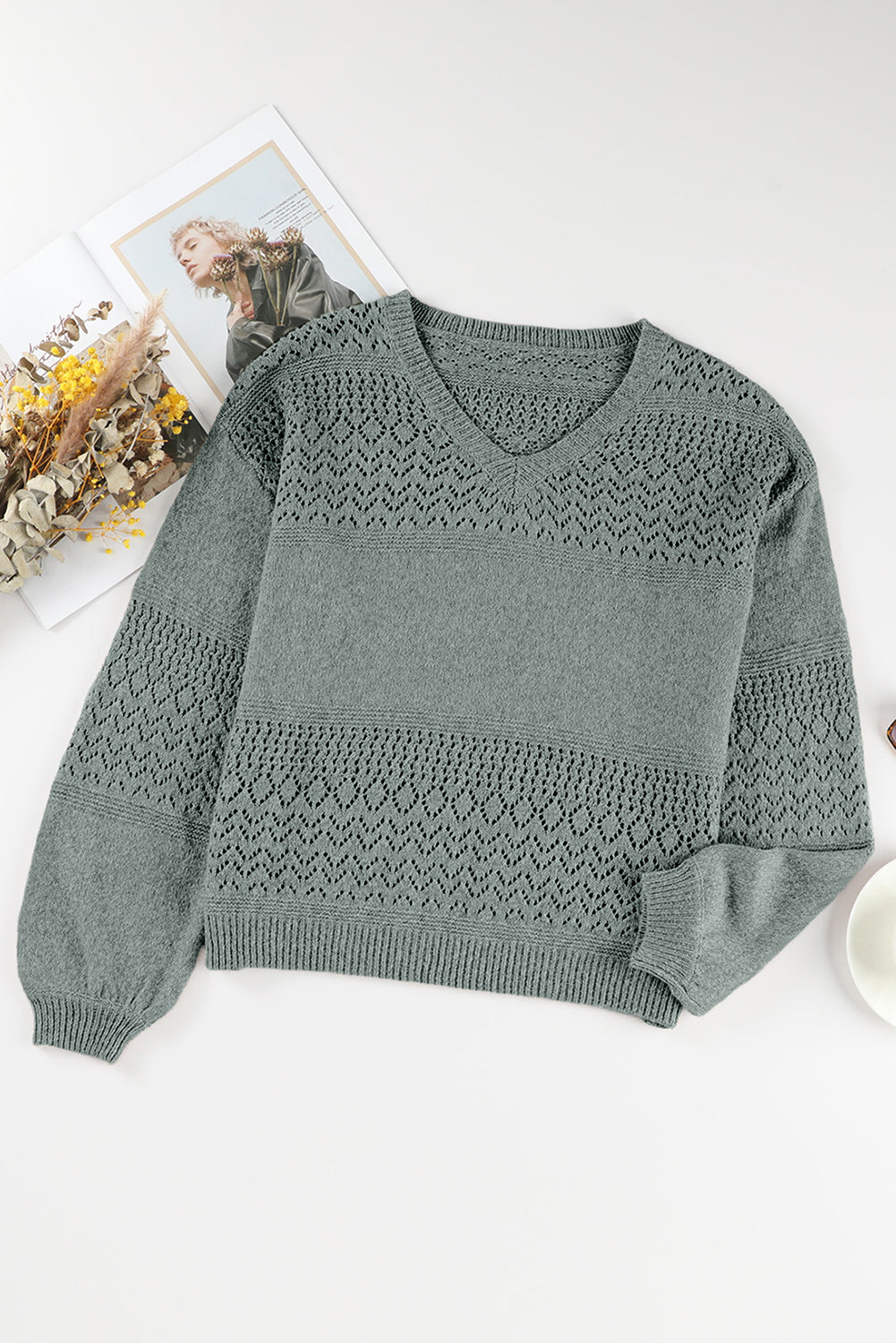 Mist Green Eyelet Pattern Detail V Neck Drop Shoulder Sweater Sweaters JT's Designer Fashion