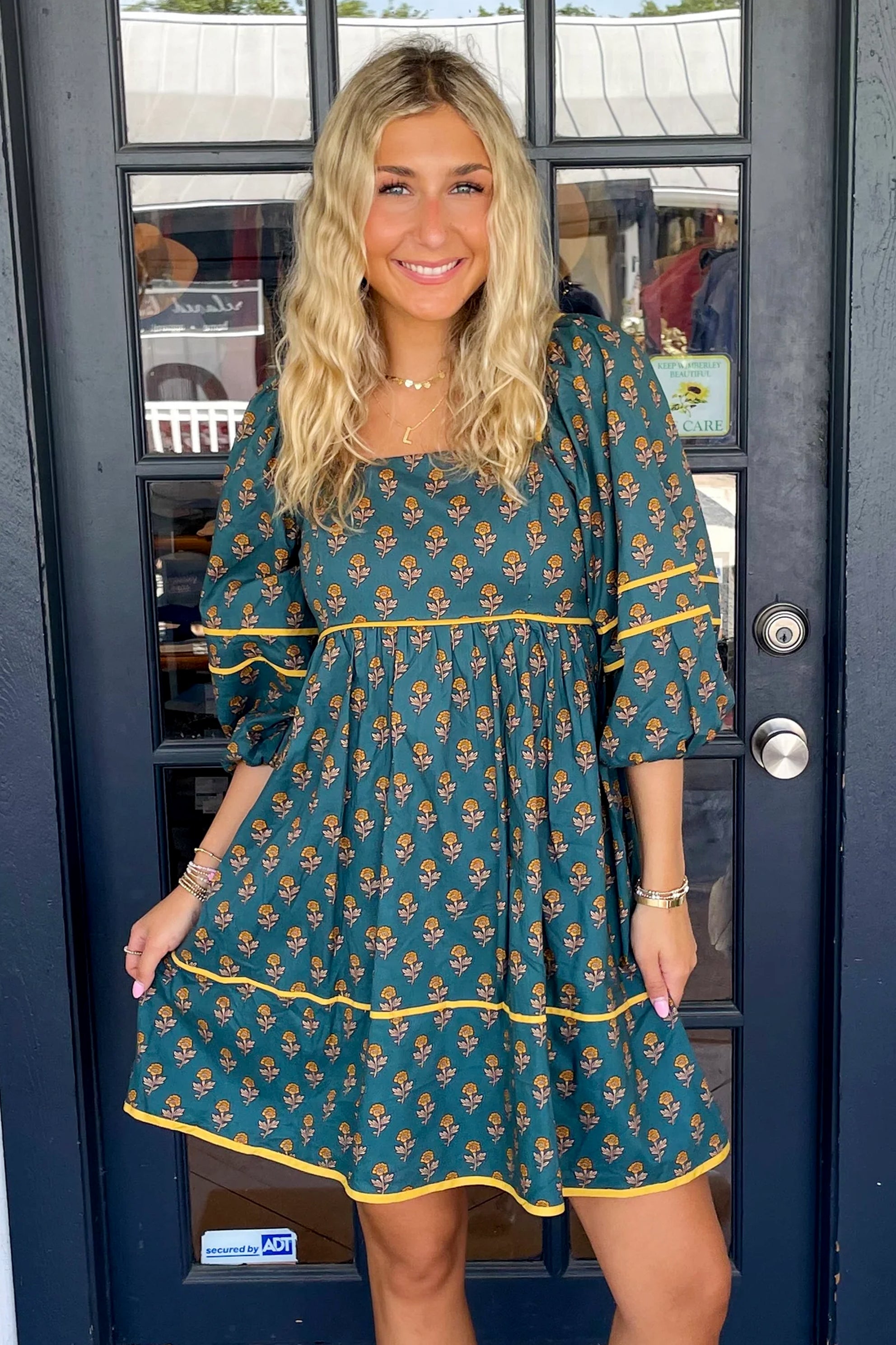 Skobeloff Floral Contrast Trim Square Neck Puff Sleeve Dress Floral Dresses JT's Designer Fashion