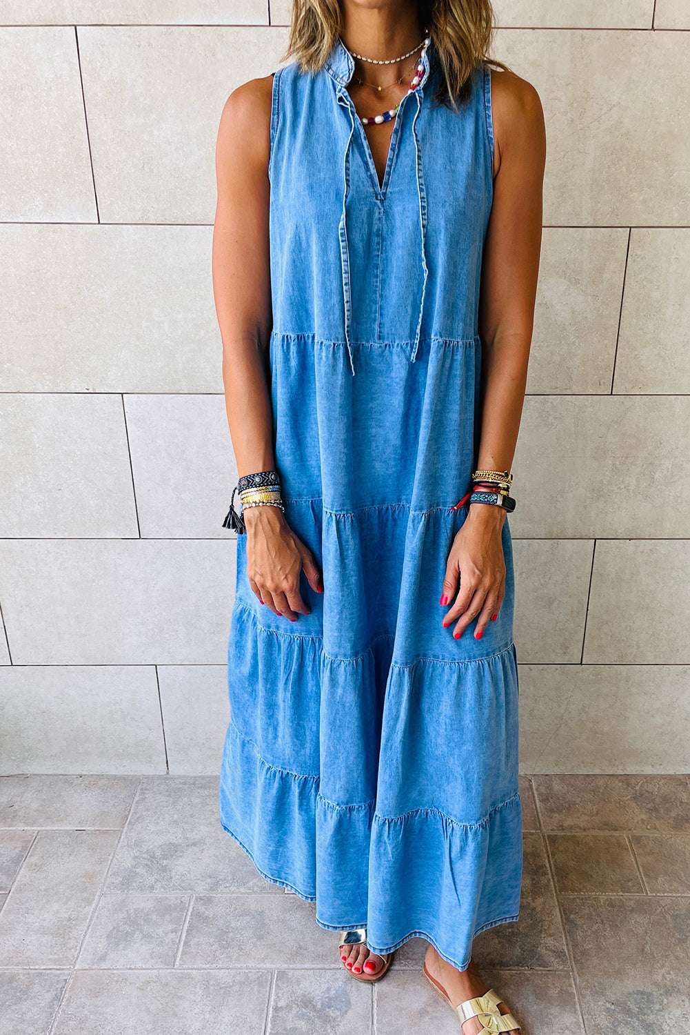Blue Sleeveless Tiered Chambray Maxi Dress Dresses JT's Designer Fashion