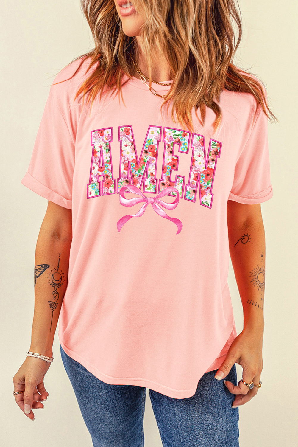 Pink Floral AMEN Bow Graphic Crewneck T Shirt Graphic Tees JT's Designer Fashion