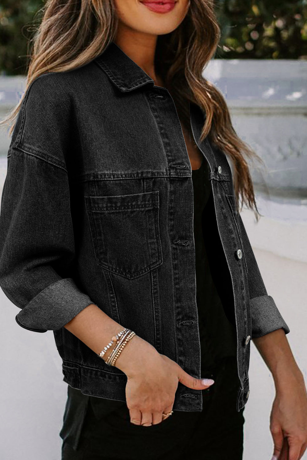 Black Washed Oversize Pocketed Denim Jacket Denim Jackets JT's Designer Fashion