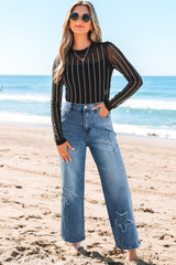 Stone Blue Star Patchwork Cropped Wide Leg High Waist Jeans Jeans JT's Designer Fashion