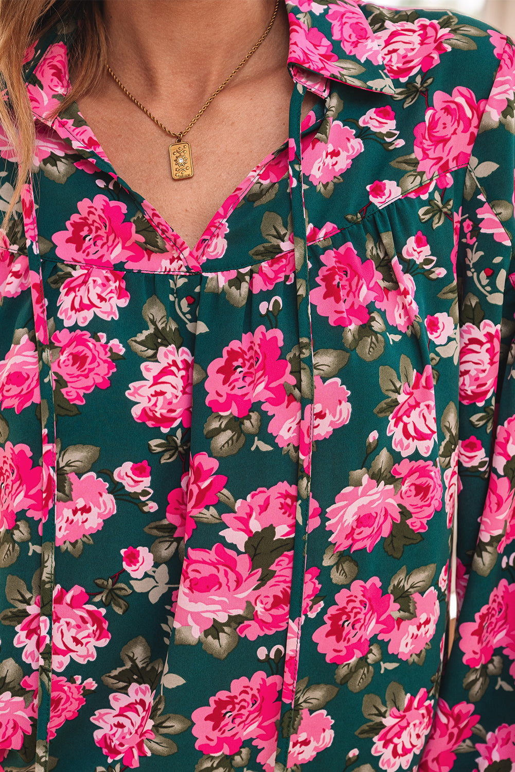 Green Floral Printed Tied Collar Puff Sleeve Blouse Blouses & Shirts JT's Designer Fashion