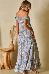Blue Boho Paisley Print Off Shoulder Maxi Dress Floral Dresses JT's Designer Fashion