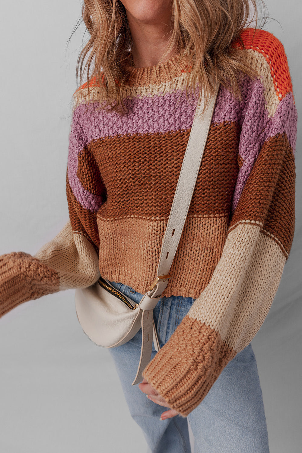 Multicolour Cropped Colorblock Drop Shoulder Knitted Sweater Sweaters JT's Designer Fashion