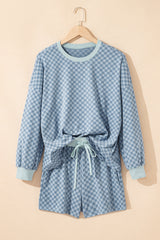 Sky Blue Checkerboard Long Sleeve Pullover and Shorts Set Short Sets JT's Designer Fashion