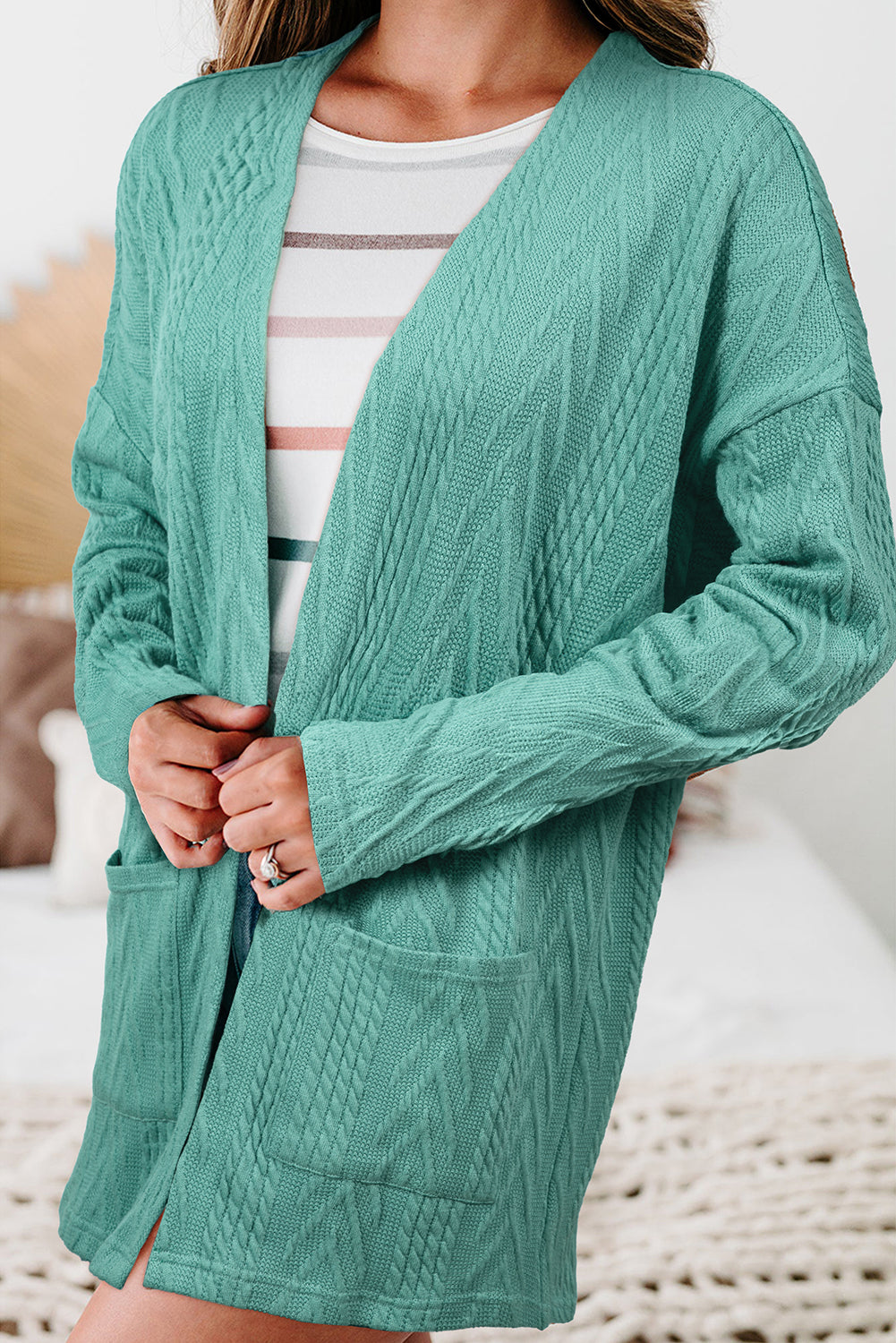 Canton Solid Textured Open Front Cardigan with Pocket Cardigans JT's Designer Fashion