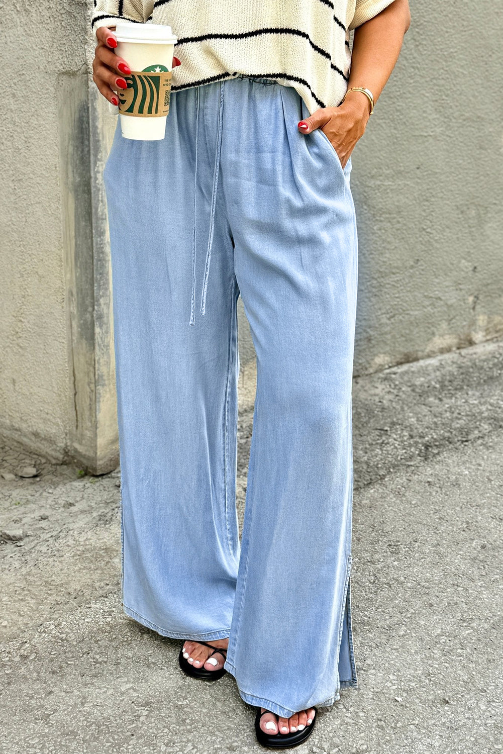 Beau Blue Casual Wide Slit Leg High Waist Loose Plus Size Jeans Plus Size Bottoms JT's Designer Fashion