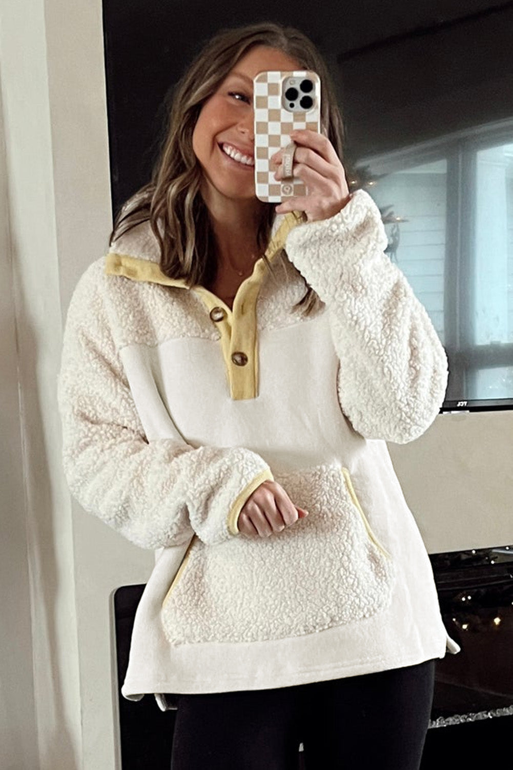 Beige Fleece Colorblock Trim Buttons Collar Sweatshirt with Pocket Sweatshirts & Hoodies JT's Designer Fashion