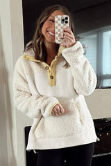 Beige Fleece Colorblock Trim Buttons Collar Sweatshirt with Pocket Sweatshirts & Hoodies JT's Designer Fashion