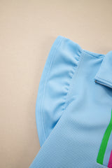 Beau Blue Striped Detail Flutter Sleeve Zipped Collar Short Set Short Sets JT's Designer Fashion