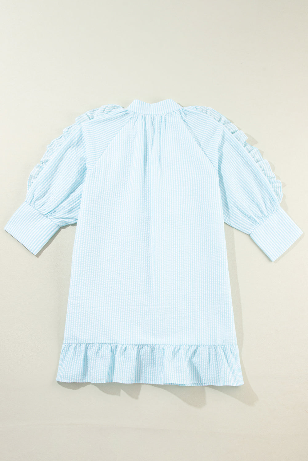 Myosotis Seersucker Ruffled Puff Sleeve Stand Neck Mini Dress Mini Dresses JT's Designer Fashion
