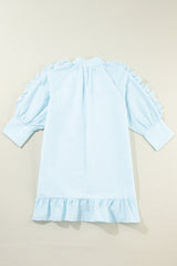 Myosotis Seersucker Ruffled Puff Sleeve Stand Neck Mini Dress Mini Dresses JT's Designer Fashion