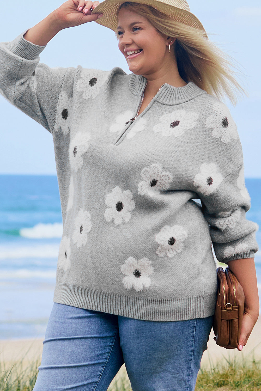 Gray Plus Size Embroidered Floral Pattern Half Zip Sweater Plus Size Sweaters & Cardigans JT's Designer Fashion
