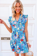 Sky Blue Floral Flutter Sleeve V Neck Ruffled Dress Floral Dresses JT's Designer Fashion