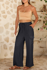 Black Drawstring Frilled Waist Wide Leg Utility Trousers Pants & Culotte JT's Designer Fashion