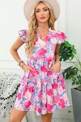 Pink Floral Printed V Notched Ric Rac Flutter Sleeve Dress Floral Dresses JT's Designer Fashion