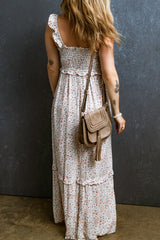 White Lace Frilly Straps Shirred Floral Maxi Dress Dresses JT's Designer Fashion