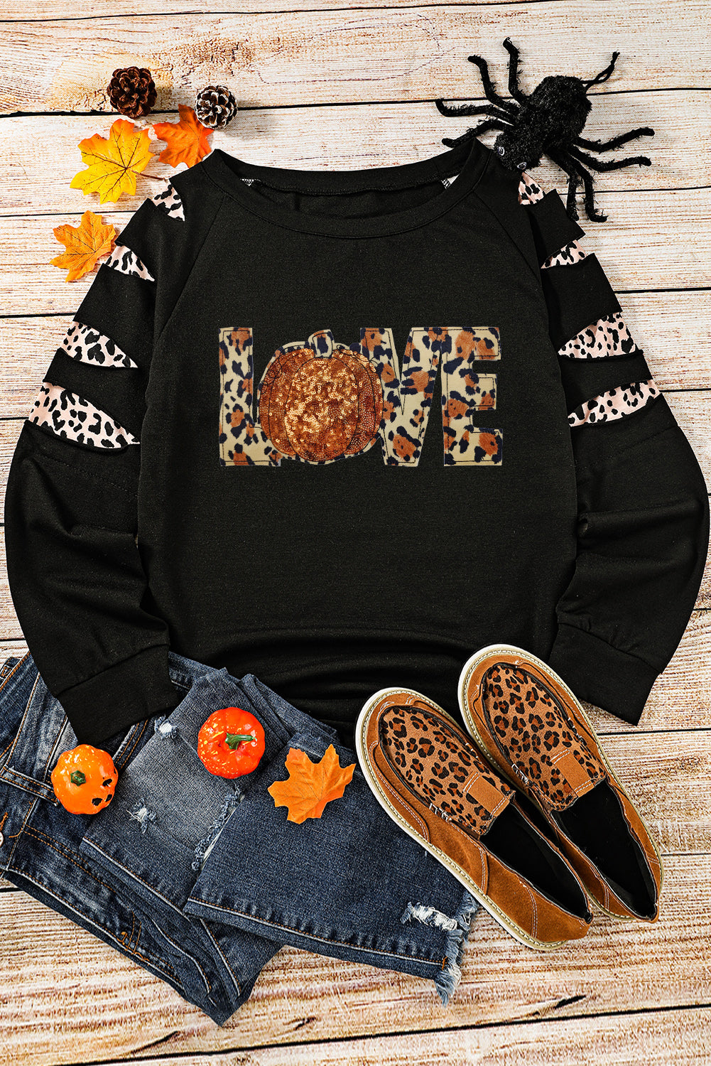 Black LOVE Sequin Pumpkin Leopard Print Cut Out Sleeve Sweatshirt Graphic Sweatshirts JT's Designer Fashion