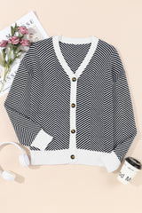 Black Stripe Buttoned Front V Neck Herringbone Cardigan Cardigans JT's Designer Fashion