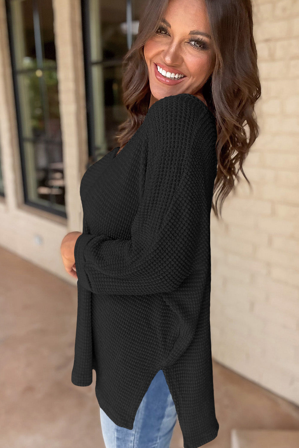 Black Waffle Knit Side Slits Loose Fit V Neck Top Long Sleeve Tops JT's Designer Fashion