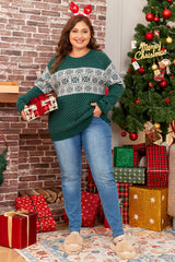 Green Christmas Snowflake Pattern Drop Shoulder Plus Size Sweater Plus Size Sweaters & Cardigans JT's Designer Fashion