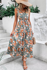 Green Floral Print Trimmed V Neck Tie Waist Sleeveless Holiday Long Dress Maxi Dresses JT's Designer Fashion