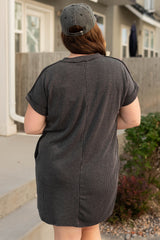Carbon Grey Corded V Neck Plus Size T Shirt Dress with Pockets Plus Size Mini Dresses JT's Designer Fashion