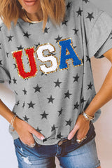 Gray USA Letter Patched Star Printed Ruffle Trim Sleeves Loose Tee Graphic Tees JT's Designer Fashion