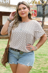 Khaki Plus Size Geometric Print Ruffled Sleeve Blouse Plus Size Blouses & Shirts JT's Designer Fashion