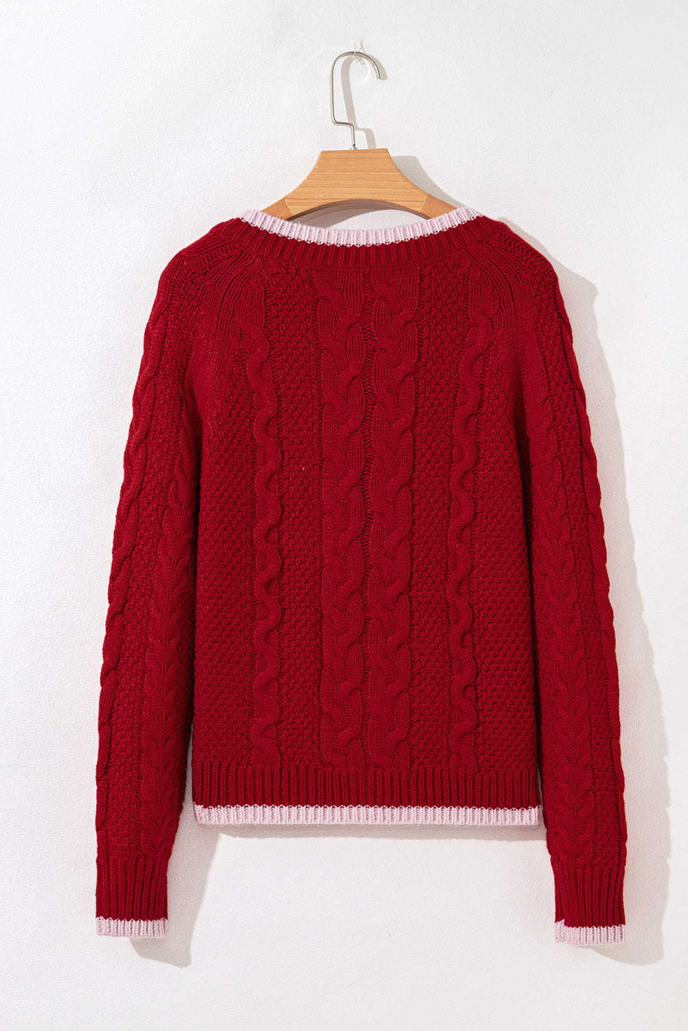 Racing Red Color Contrast Edge Cable Knit Buttoned Cardigan Cardigans JT's Designer Fashion