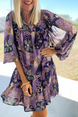 Purple Vintage Daisy Floral Puff Sleeve Ruffle Short Dress Floral Dresses JT's Designer Fashion
