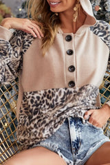 Leopard Print Buttoned Neckline Raglan Sleeve Hoodie Sweatshirts & Hoodies JT's Designer Fashion