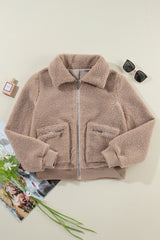 Light French Beige Zipper Pocketed Winter Fuzzy Jacket Jackets JT's Designer Fashion