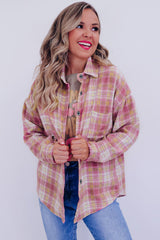 Pink Plaid Print Chest Pocket Long Sleeve Shacket Plaid Shackets JT's Designer Fashion