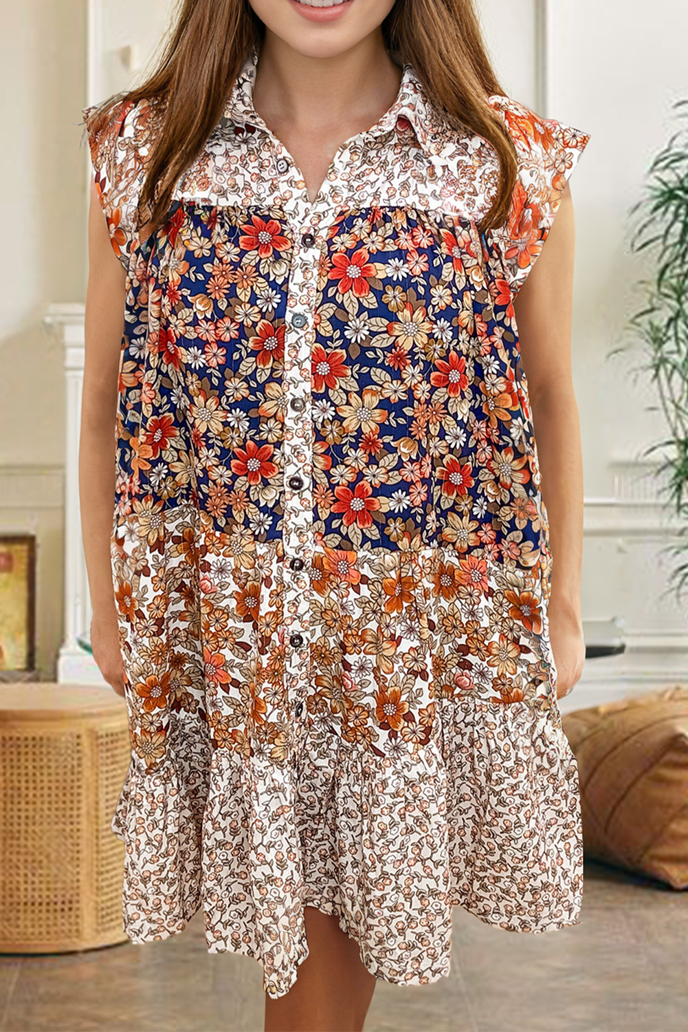 Beige Plus Size Floral Patchwork Button Front Collared Mini Dress Beige 100%Polyester Plus Size Mini Dresses JT's Designer Fashion