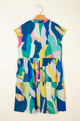 Blue Abstract Print V Neck Cap Sleeve Pocketed Mini Dress Mini Dresses JT's Designer Fashion